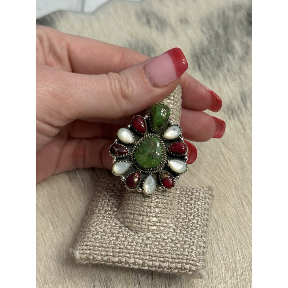 Sterling Silver Sonoran Gold Turquoise Red Dahlia MOP Huge Cluster Ring Adjust - Picture 5 of 14